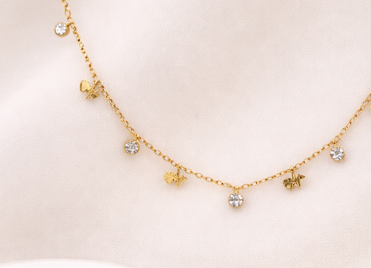 MODFUSE Dainty Charm Necklace with Crystal Drops – Gold Finish