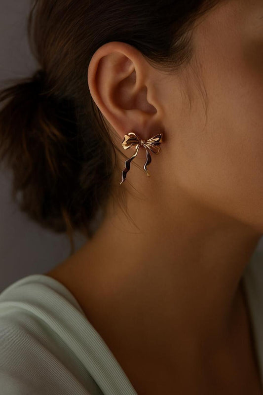 Golden Bow Charm Stud Earrings