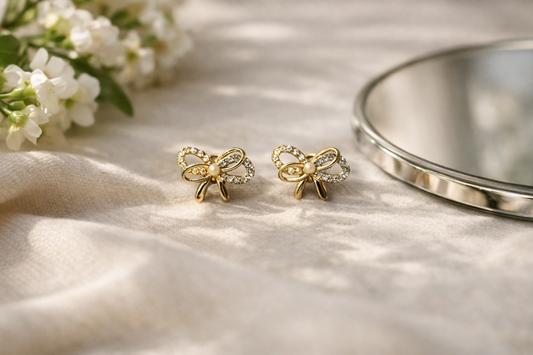 Golden Sparkle Bow Pearl Stud Earrings