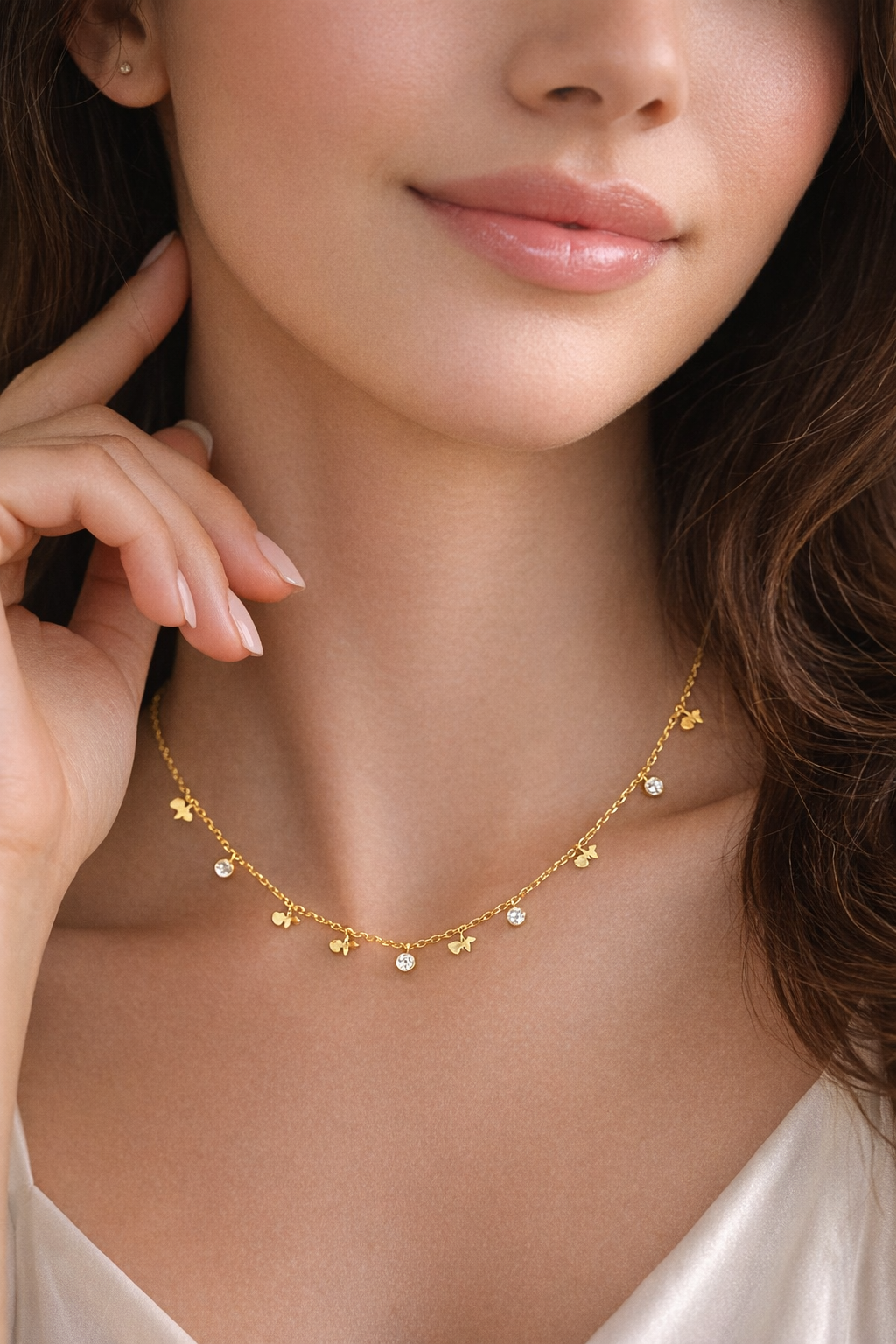 MODFUSE Dainty Charm Necklace with Crystal Drops – Gold Finish