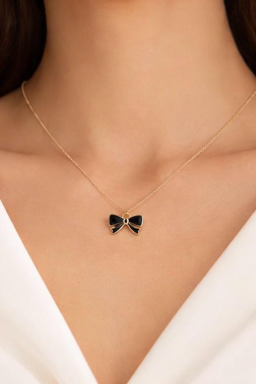 MODFUSE Elegant Black Bow Pendant Necklace – Gold Finish