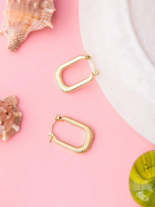 Golden Ribbed Oval Hoop Earrings – Modern Luxe