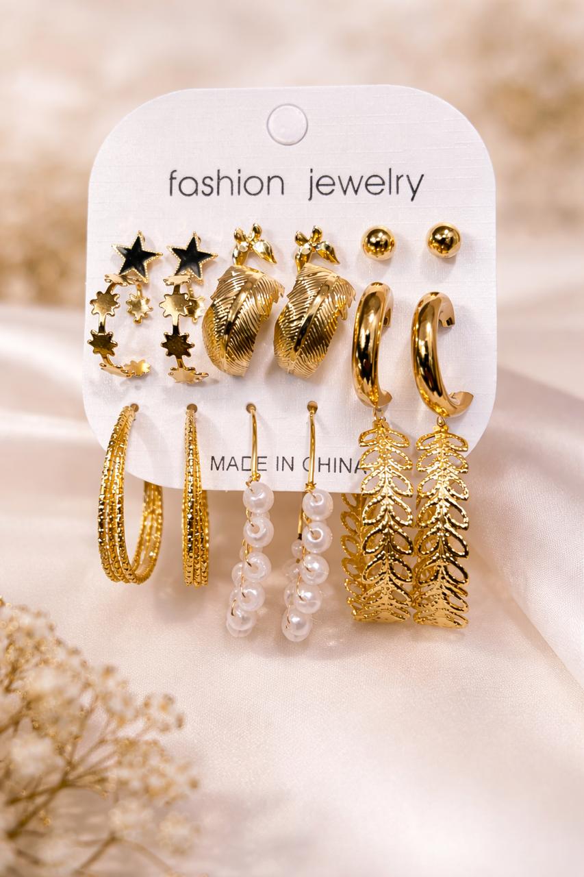 MODFUSE Women’s Gold-Tone Studs, Hoops & Dangler Earrings Combo – Set of 9 Pairs