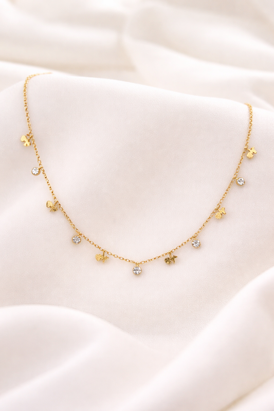 MODFUSE Dainty Charm Necklace with Crystal Drops – Gold Finish