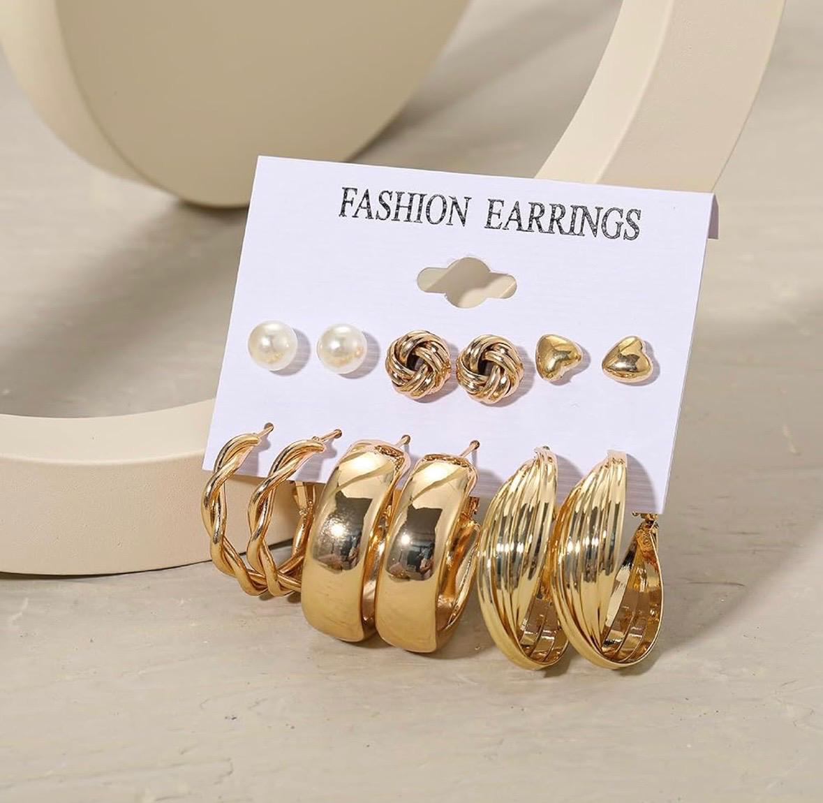MODFUSE Women’s Gold-Tone Studs & Hoop Earrings Combo – Set of 6 Pairs