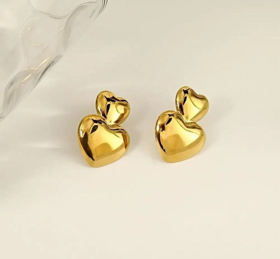 Golden Double Heart Stud Earrings – Minimal Luxe Statement
