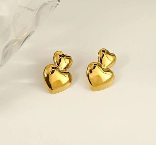 Golden Double Heart Stud Earrings – Minimal Luxe Statement