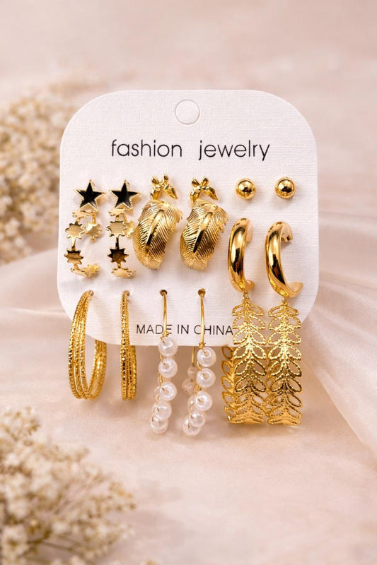 MODFUSE Women’s Gold-Tone Studs, Hoops & Dangler Earrings Combo – Set of 9 Pairs