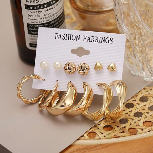 MODFUSE Women’s Gold-Tone Studs & Hoop Earrings Combo – Set of 6 Pairs
