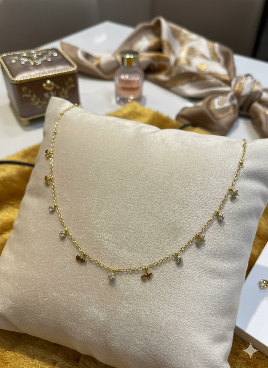 MODFUSE Dainty Charm Necklace with Crystal Drops – Gold Finish