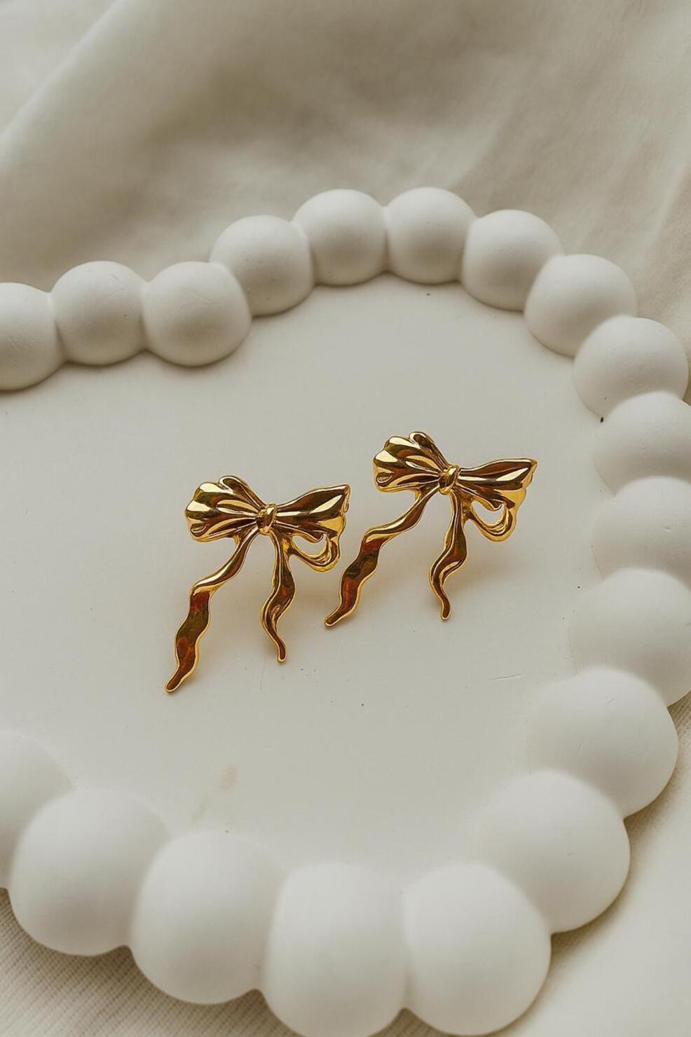 Golden Bow Charm Stud Earrings