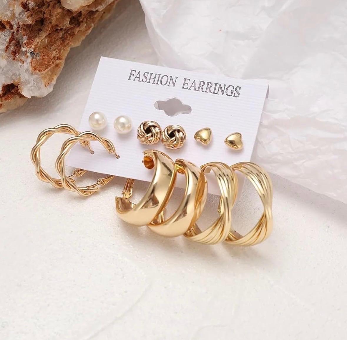 MODFUSE Women’s Gold-Tone Studs & Hoop Earrings Combo – Set of 6 Pairs