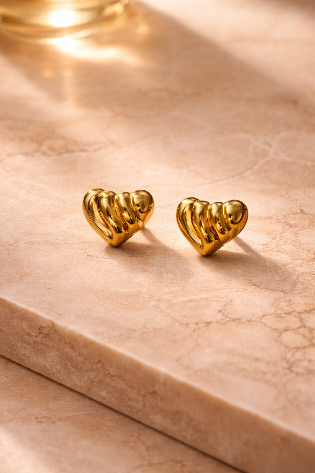 Golden Ribbed Heart Stud Earrings