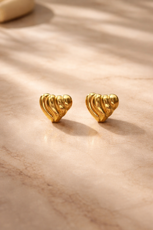 Golden Ribbed Heart Stud Earrings