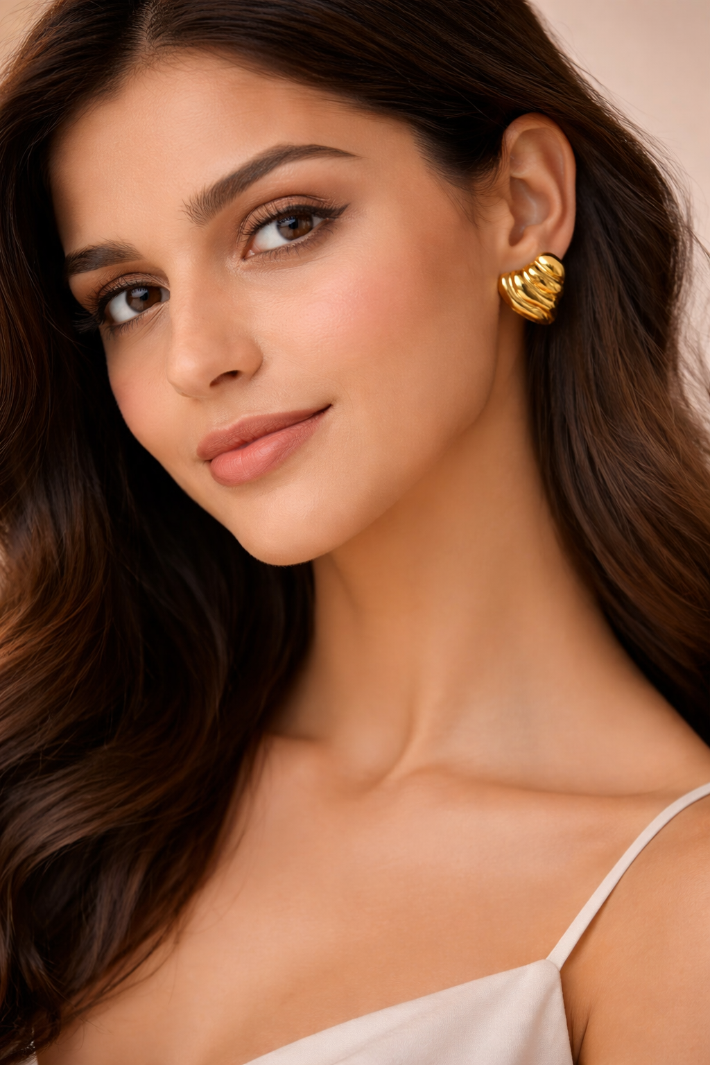 Golden Ribbed Heart Stud Earrings