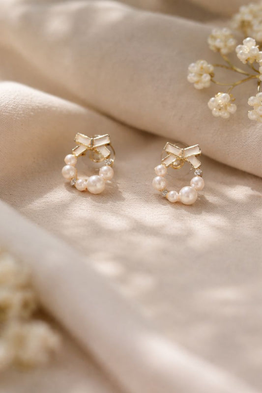 Elegant Pearl Circle Bow Stud Earrings