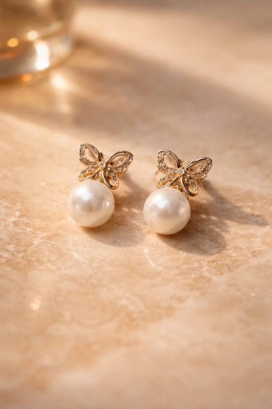Royal Pearl Bow Gold Stud Earrings