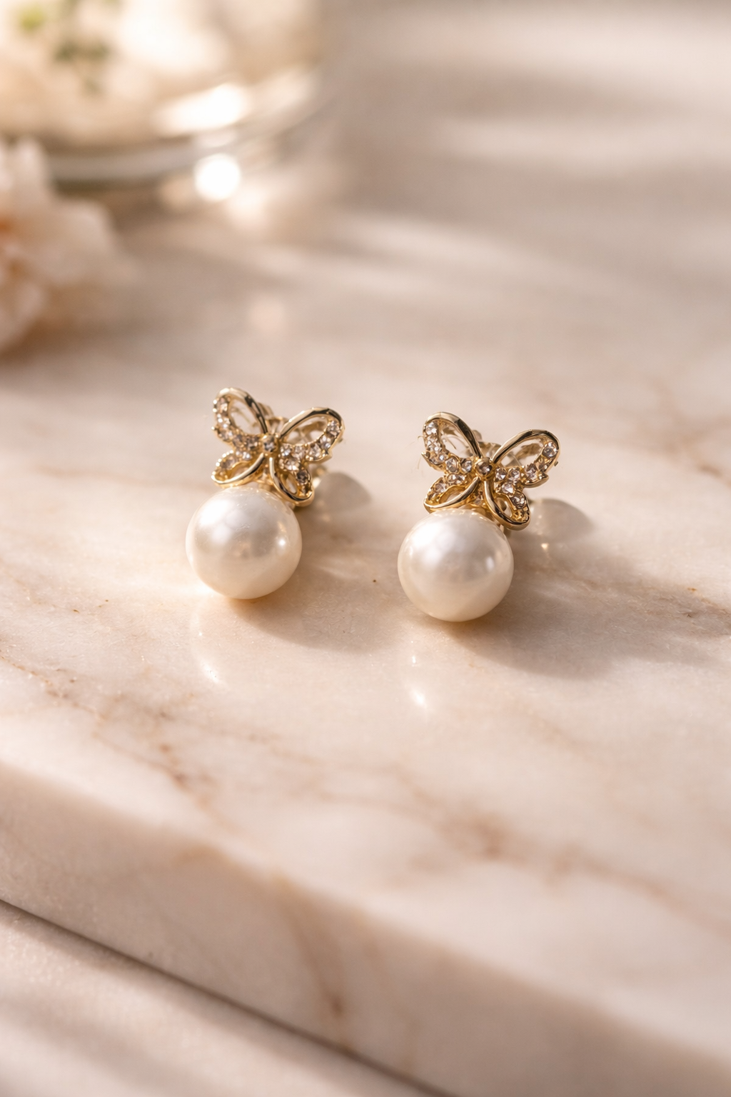 Royal Pearl Bow Gold Stud Earrings