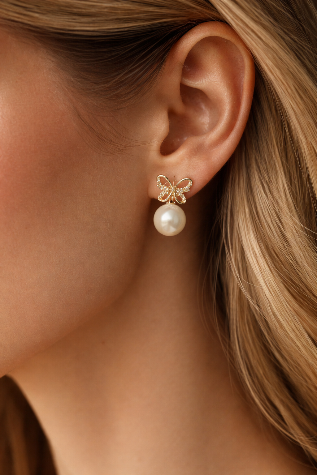 Royal Pearl Bow Gold Stud Earrings