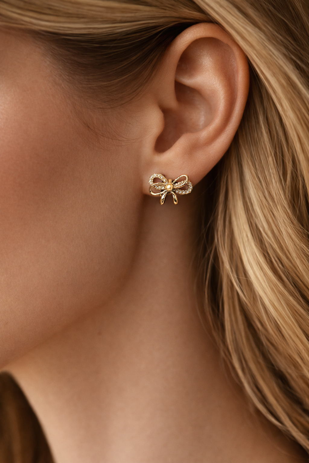 Golden Sparkle Bow Pearl Stud Earrings