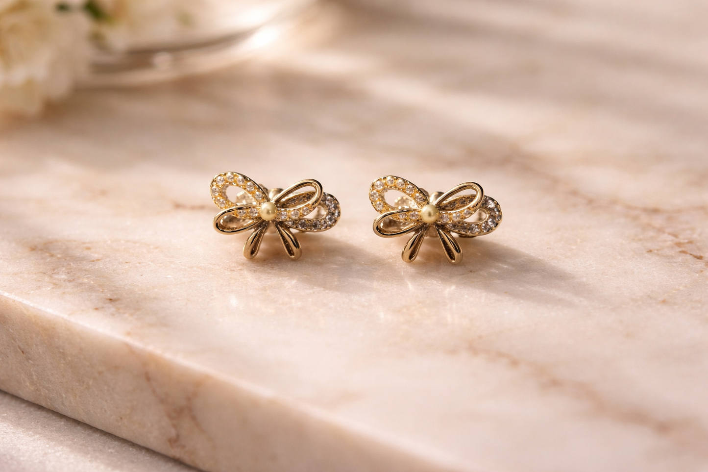 Golden Sparkle Bow Pearl Stud Earrings
