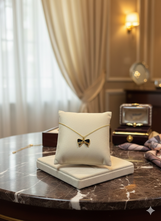 MODFUSE Elegant Black Bow Pendant Necklace – Gold Finish