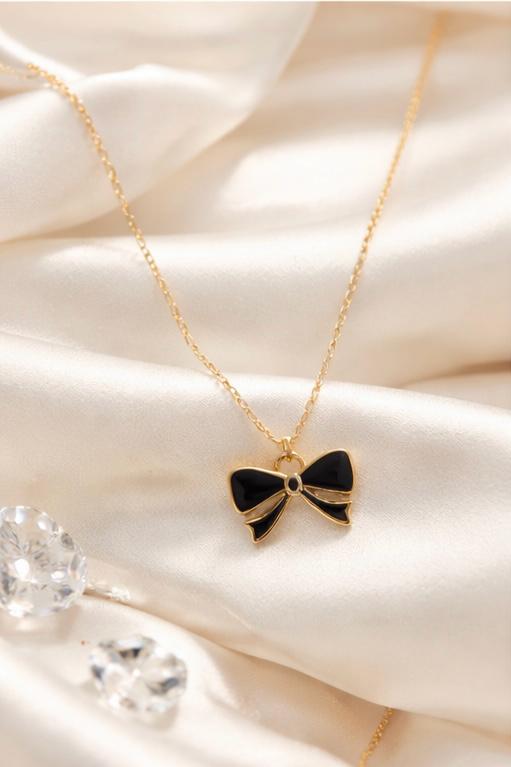 MODFUSE Elegant Black Bow Pendant Necklace – Gold Finish